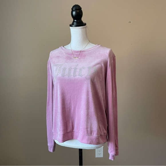 Juicy Couture Tops - JUICY COUTURE | Pink Velour Rhinestone Embellished Sweatshirt Sz L